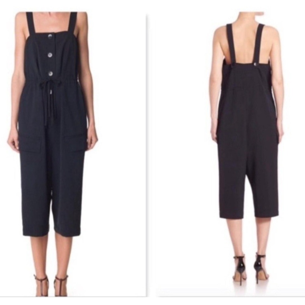 Tibi Drape Twill Crop Jumpsuit Size 8 Black Button Front Cargo Pockets Utility - Picture 2 of 9